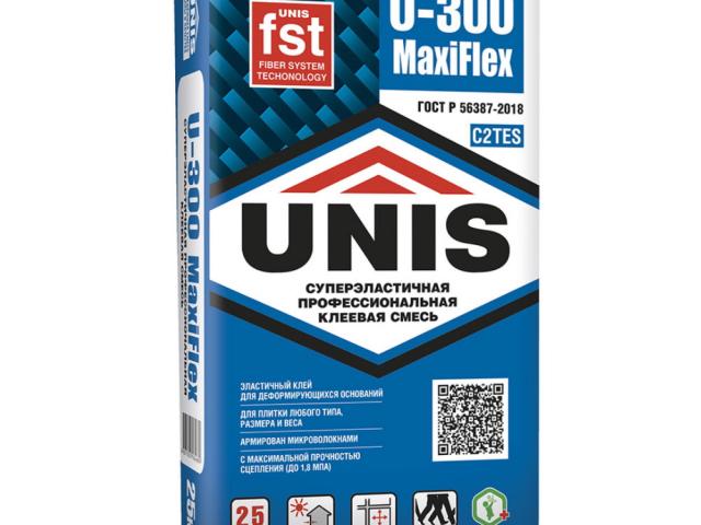 Клей плиточный эластичный Unis MaxiFlex U-300 25 кг — универсальный влагостойкий состав для облицов, 